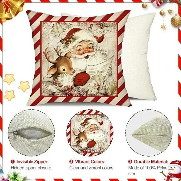 Christmas Holiday Accent Pillow Covers Farmhouse Festival Santa Bells Set Of 4 - Picture 6 of 7